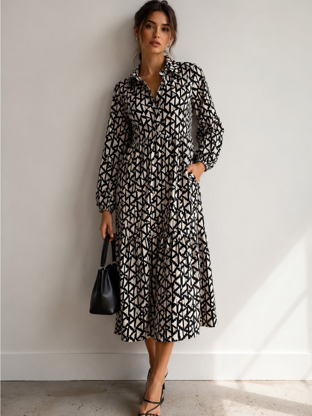 Rachel Zoe Black & White Geometric Midi Dress Size M